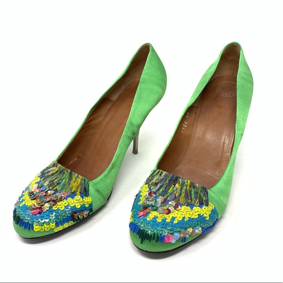 Dries Van Noten Shoes - Dries Van Noten Green Multicolor Sequin Fringe Pumps